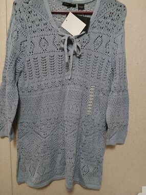 JEANNE PIERRE Light Blue Crochet Tie-Neck Sweater Tunic